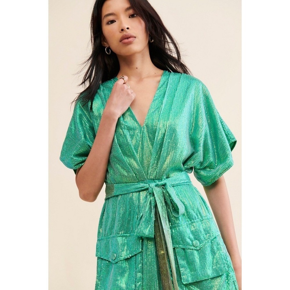 Bhanuni by Jyoti Anthropologie Sequin Ombre Midi Dress Green Gold V-Neck Medium